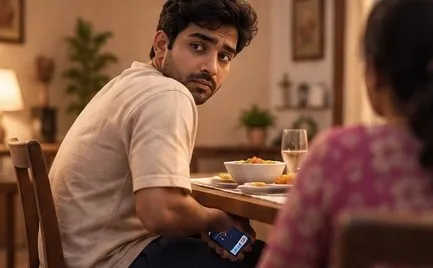 A man hiding his phone at the dinner table