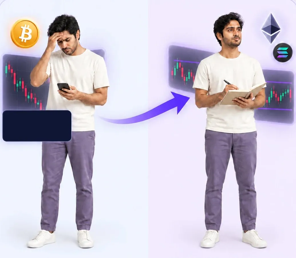 Left: a worried man looks at a loss on his phone. Right: the same man calmly writes his trade plan in a notebook.